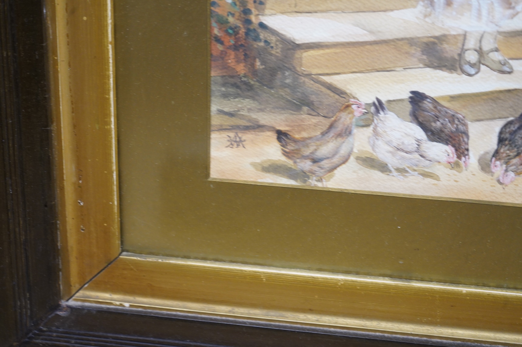 Victorian School, Lady feeding chickens, monogrammed AW? watercolour heightened with white, 39 x 29cm